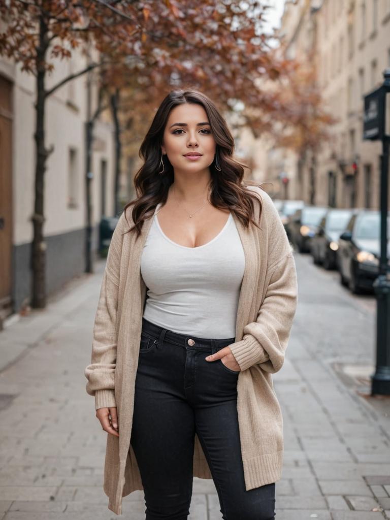 Confident Woman in Beige Cardigan on City Street