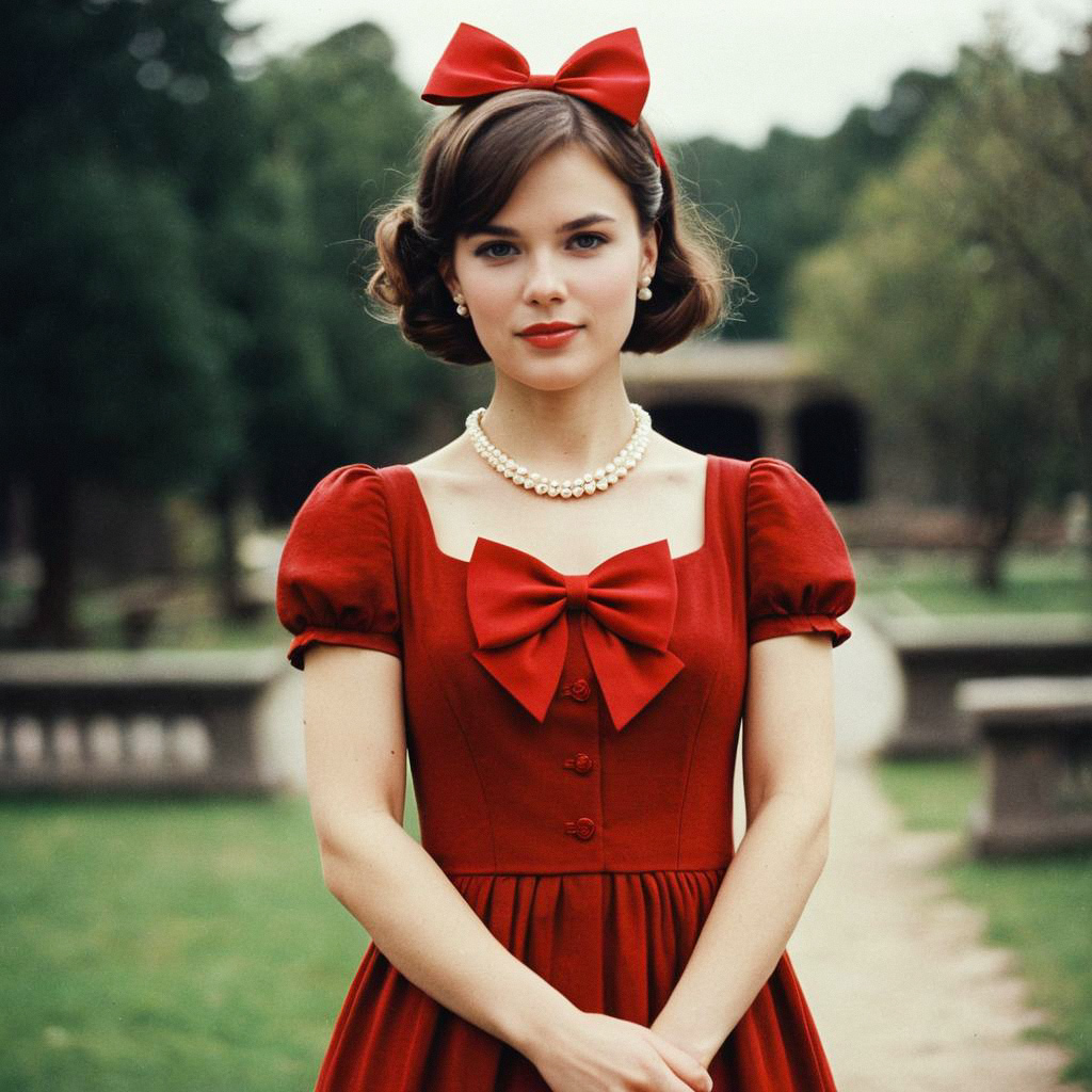 Woman in Vintage Red Dress with Bow in Garden Woman in Vintage Red Dress with Bow in Garden