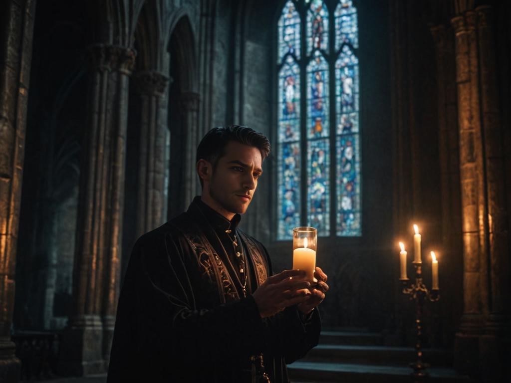 Man with Candle in Gothic Setting