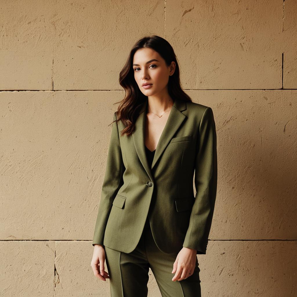 Confident Woman in Olive Green Suit Against Textured Beige Wall