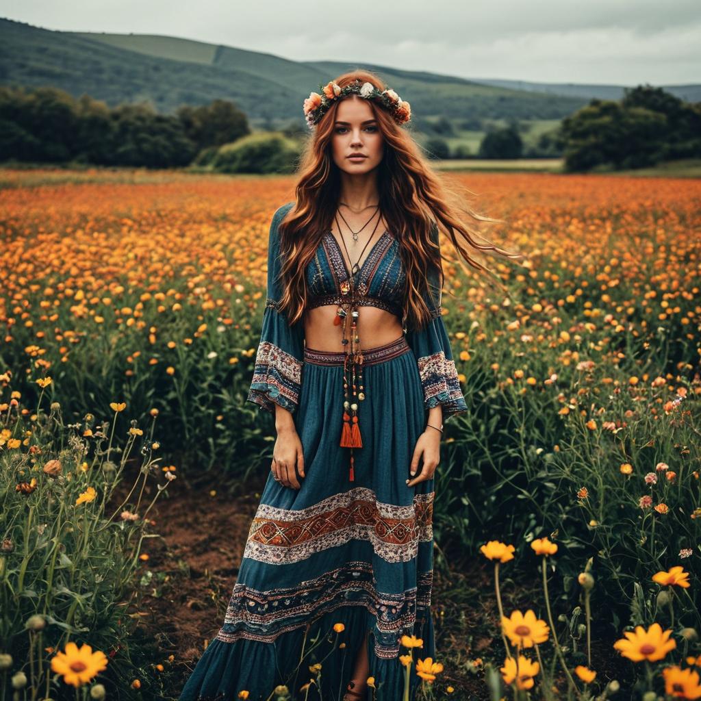 Bohemian Woman in Flower Field Wearing Floral Crown and Patterned Dress