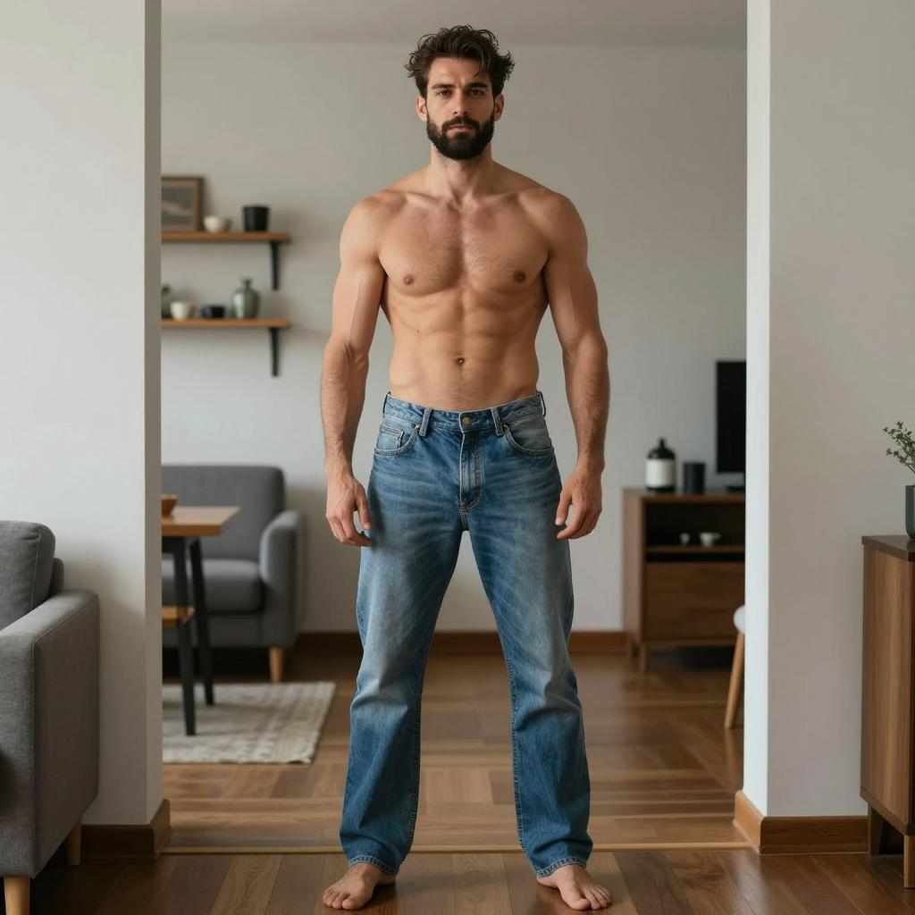Confident Shirtless Young Man in Jeans Standing at Home