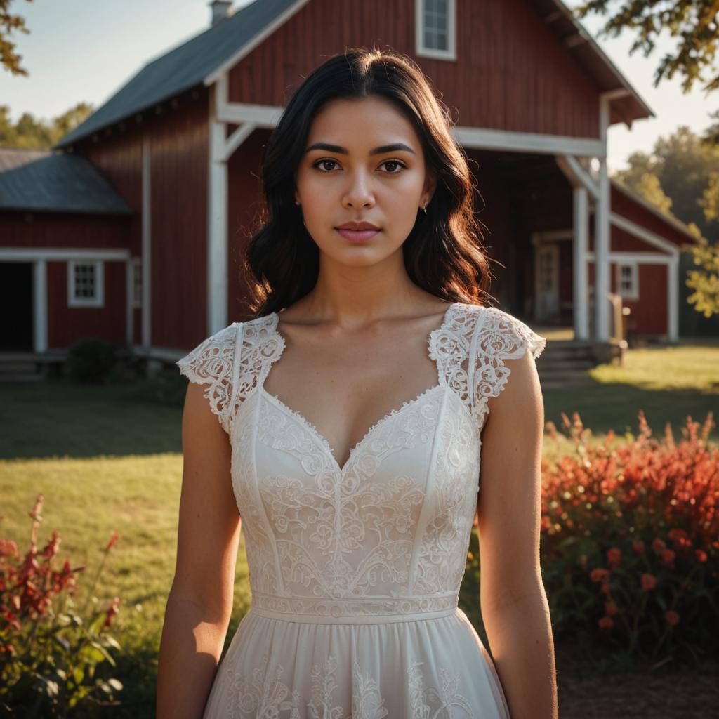 Serene Portrait of a Young Woman in Lace Dress by Red Barn