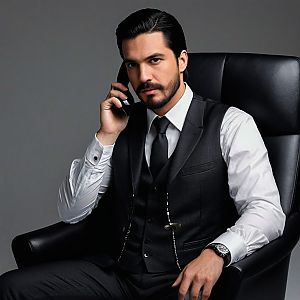 Confident Man in Dark Suit on Phone