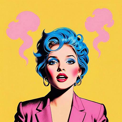 Pop Art Woman with Blue Hair and Pink Blazer on Yellow Background