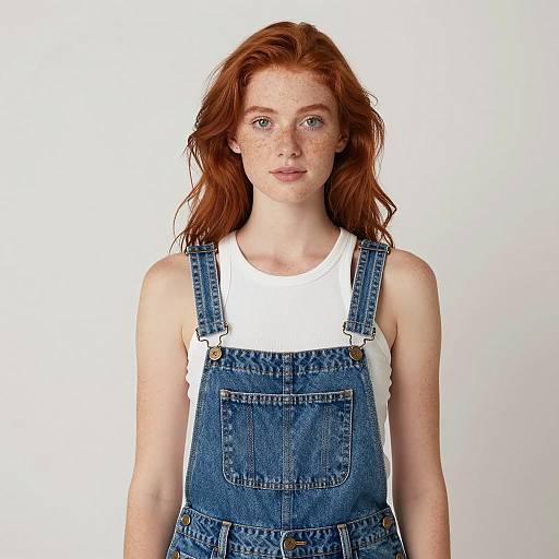 Young Red-Haired Woman in Denim Overalls and White Tank Top