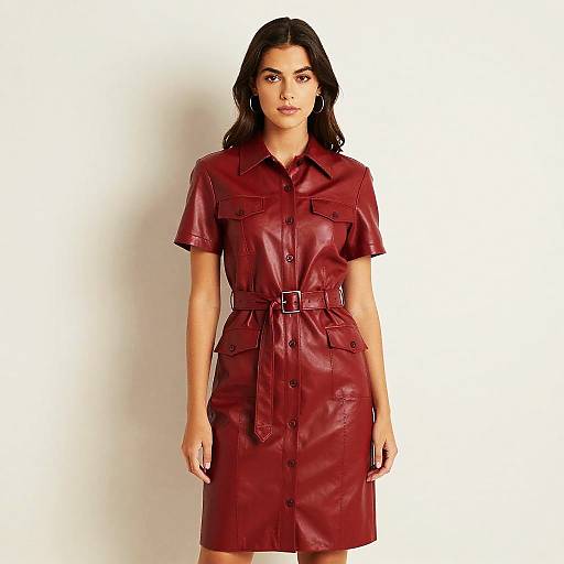 Stylish Gen Z Woman Wearing Burgundy Leather Belted Dress