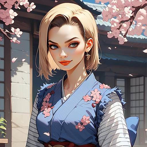 Anime Woman in Blue Kimono with Cherry Blossom Motifs