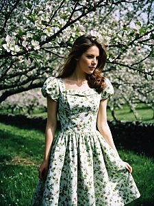 Young Woman in Vintage Floral Dress Standing in Blooming Orchard