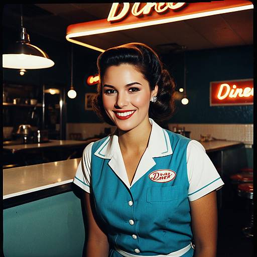 Vintage 1950s Diner Waitress in Classic Uniform Smiling Indoors