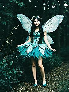 Woman in Enchanted Fairy Costume with Wings in Forest