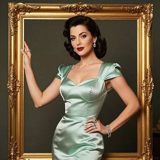 Elegant Vintage Woman in Satin Dress Posing with Golden Frame