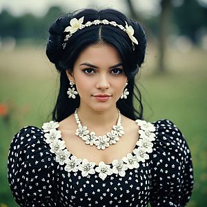 Young Woman in Vintage Black Dress with Floral Accents