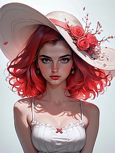 Striking Young Woman with Red Hair and Blue Eyes in Floral Hat