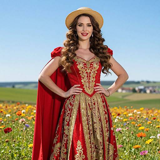 Woman in Elegant Red and Gold Dress with Cape in Flower Field