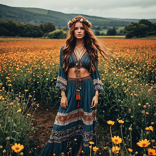 Bohemian Woman in Flower Field Wearing Floral Crown and Patterned Dress