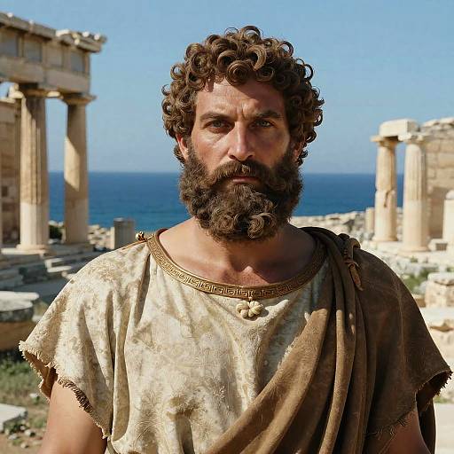 Man in Ancient Greek Attire Among Classical Ruins by the Sea