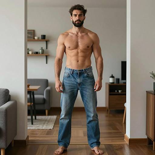 Confident Shirtless Young Man in Jeans Standing at Home