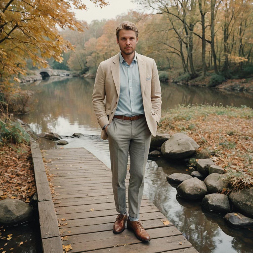 Man in Smart Casual Attire on Autumn Pier