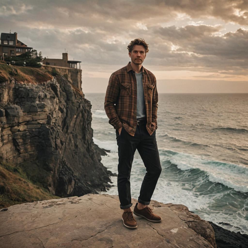 Man on Rocky Cliff with Ocean Waves