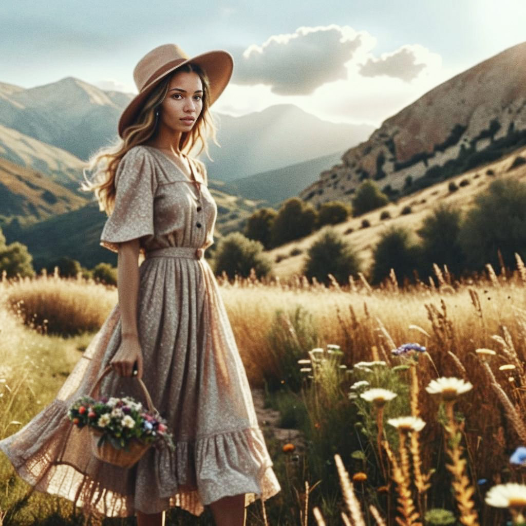 Elegant Woman in Sunlit Meadow