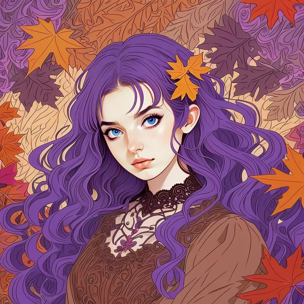 Young Woman with Purple Hair in Autumn Leaves