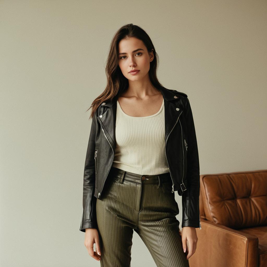Stylish Young Woman in Leather Jacket and Olive Green Pants Indoors