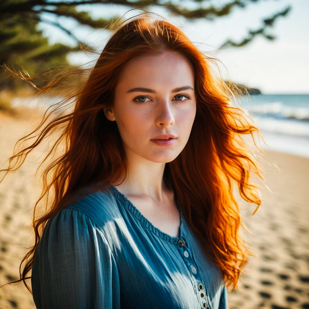 Young Woman with Red Hair on Beach