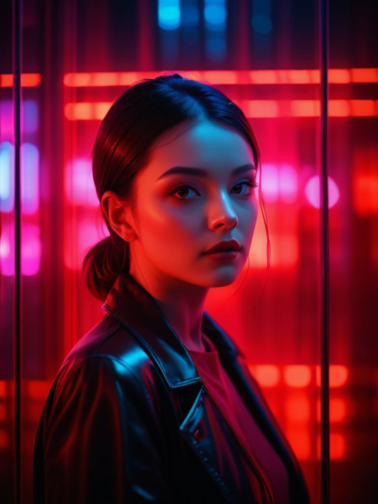 Woman in Leather Jacket Against Neon Lights