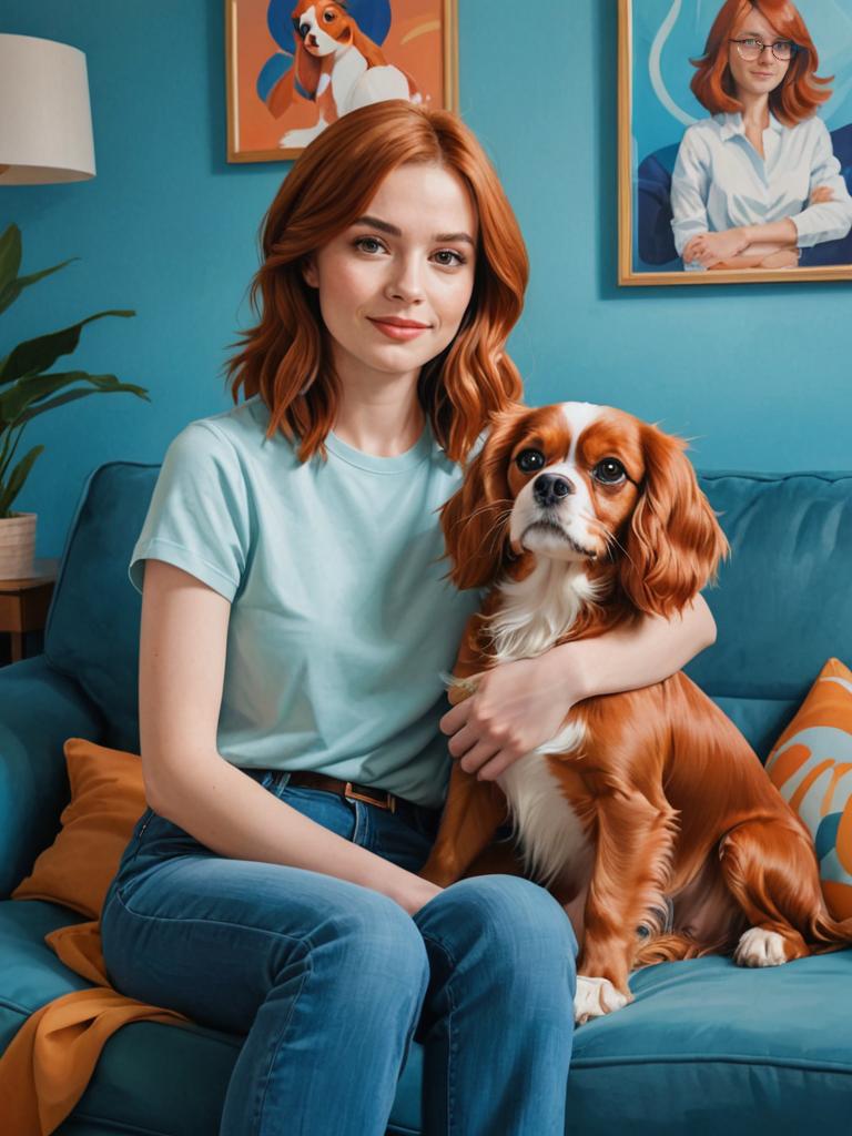 Young Woman with Cavalier King Charles Spaniel on Sofa