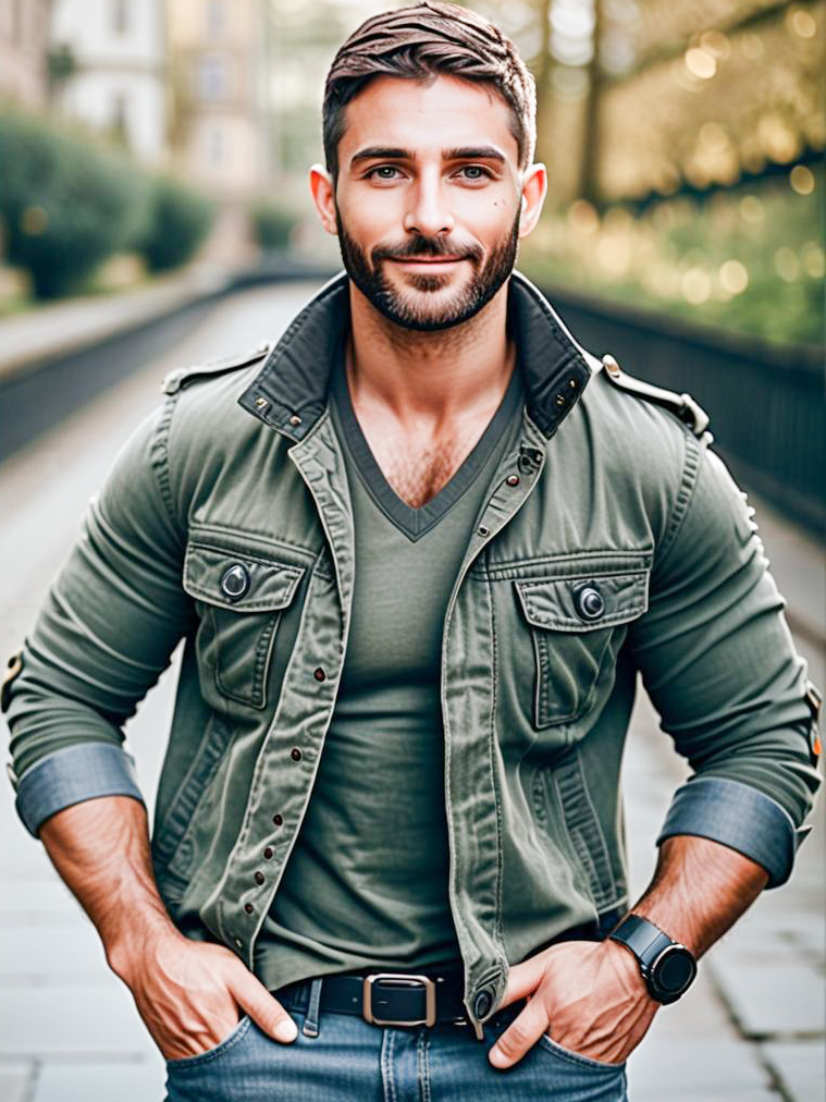 Stylish man in olive green jacket outdoors