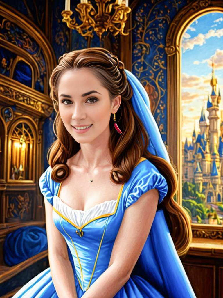 Woman in Belle's Blue Dress Against Castle Backdrop