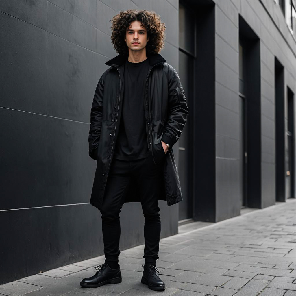 Stylish young man in all-black attire against modern building