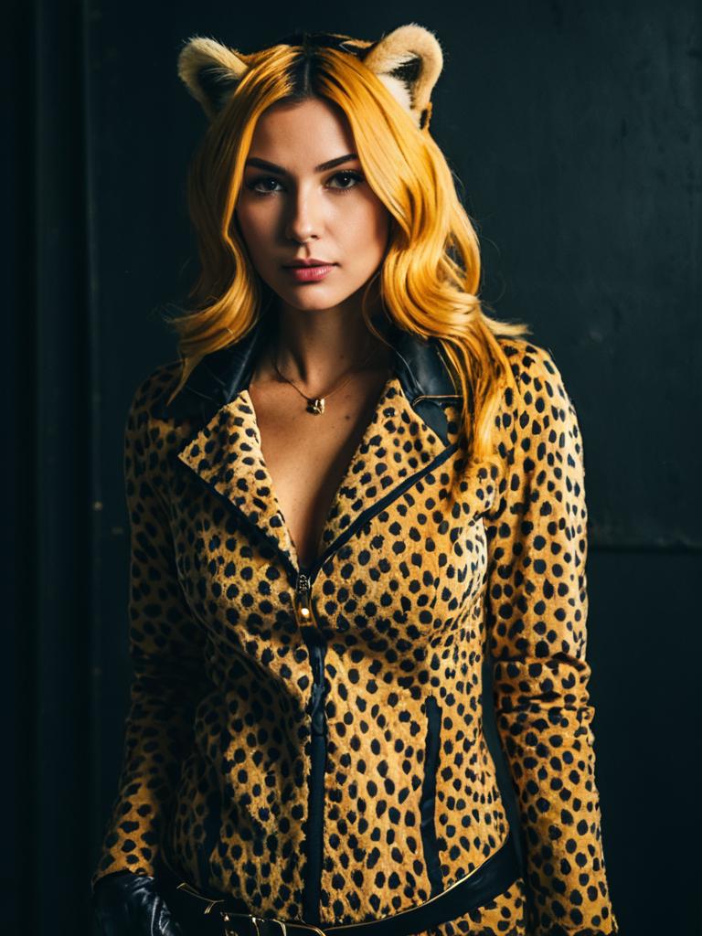 Woman in Realistic Cheetah Costume with Animal Print and Cosplay Ears Woman in Realistic Cheetah Costume with Animal Print and Cosplay Ears