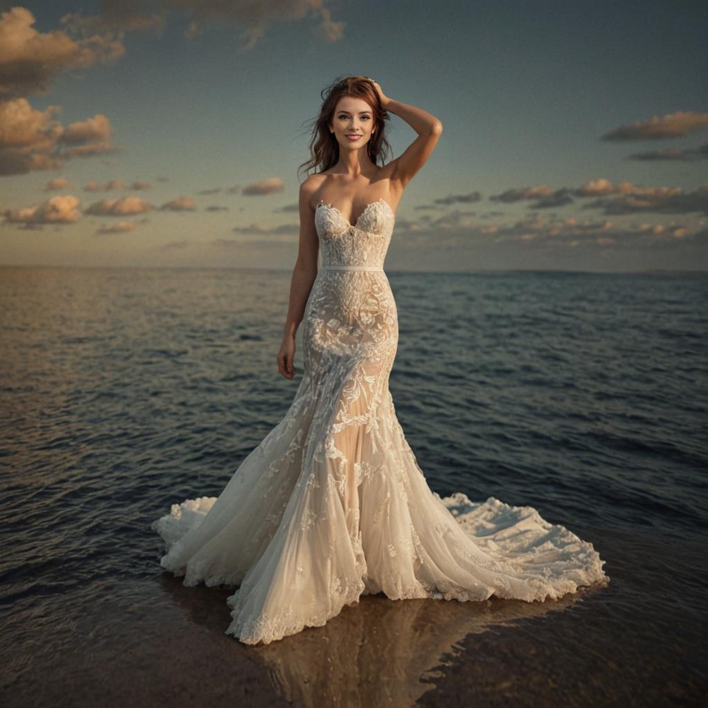 Woman in Elegant Strapless Wedding Dress at Ocean Sunset