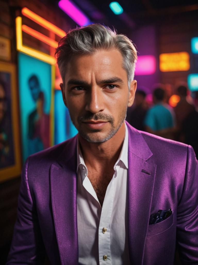 Man in Vibrant Purple Jacket with Confident Flair