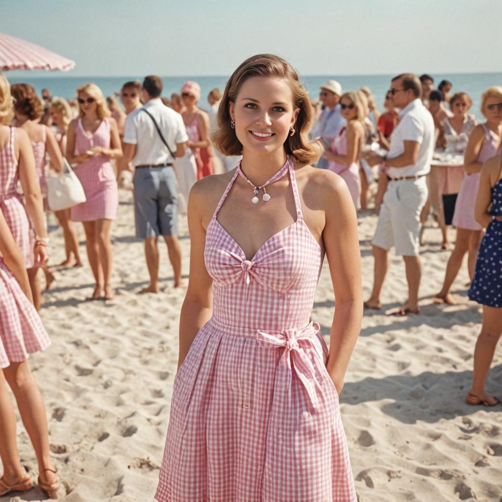 Stylish woman in pink gingham dress on sunlit beach