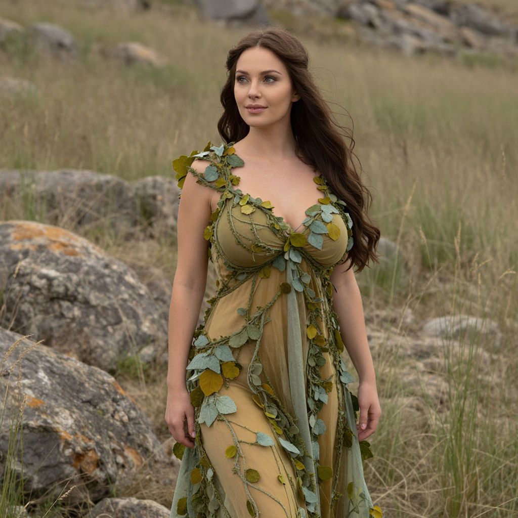Woman Wearing Leaf-Embellished Sheer Gown in Natural Outdoor Setting