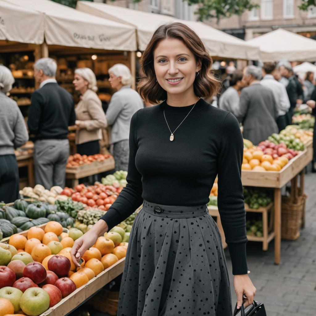 Charming Woman in Chic Polka Dot Skirt at Fresh Produce Market