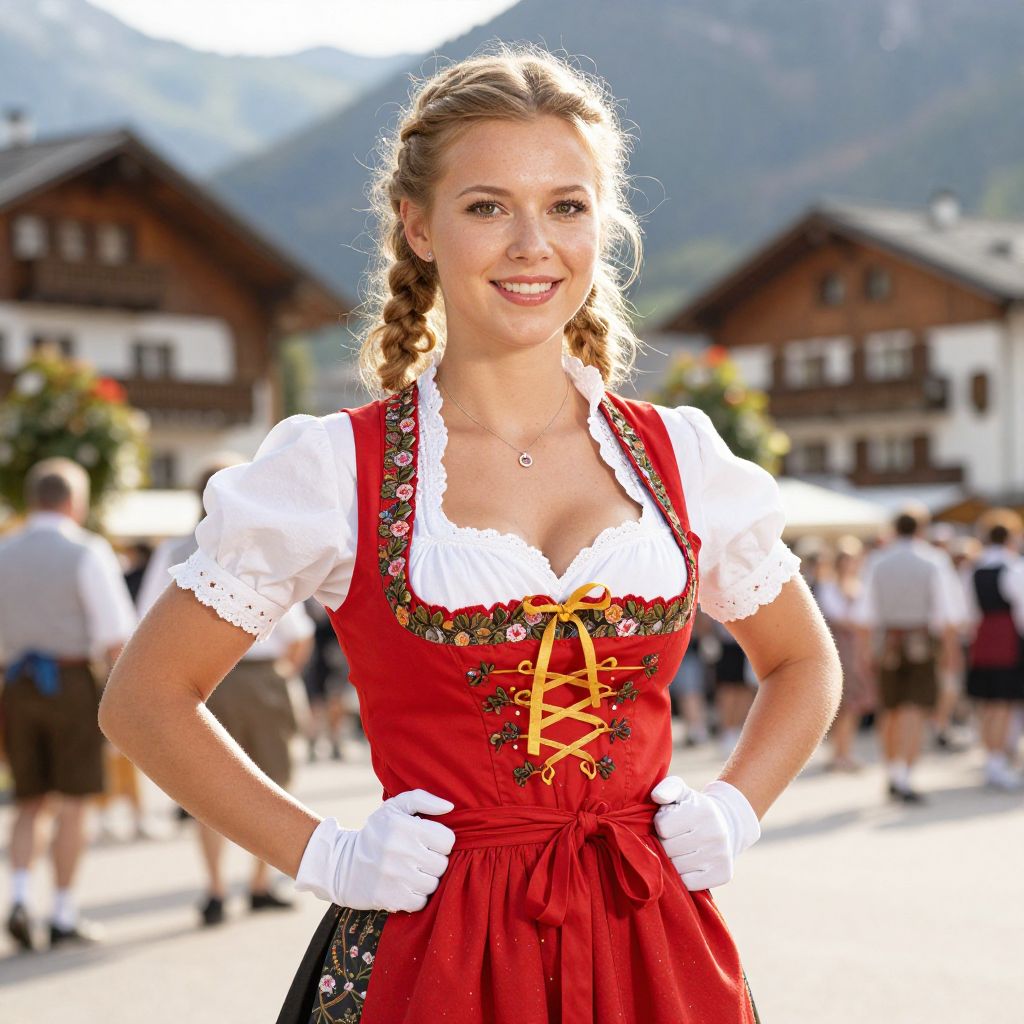 Young Woman in Traditional Bavarian Dirndl Outdoors in Alpine Village