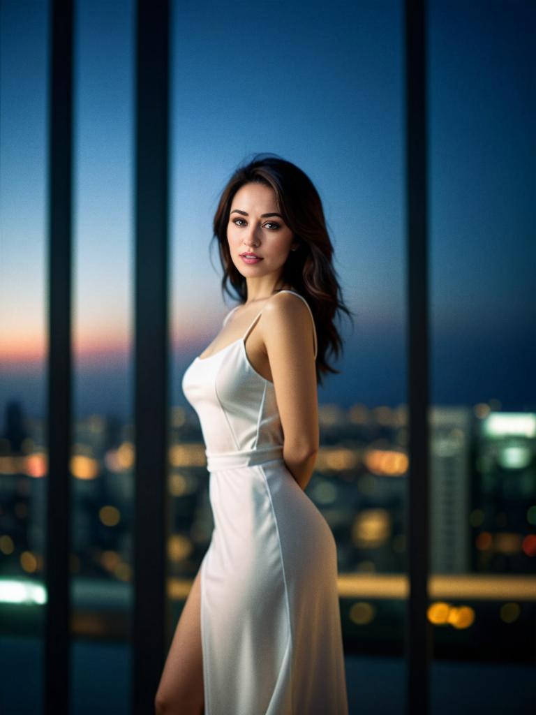 Elegant Woman in White Dress at Dusk City Skyline