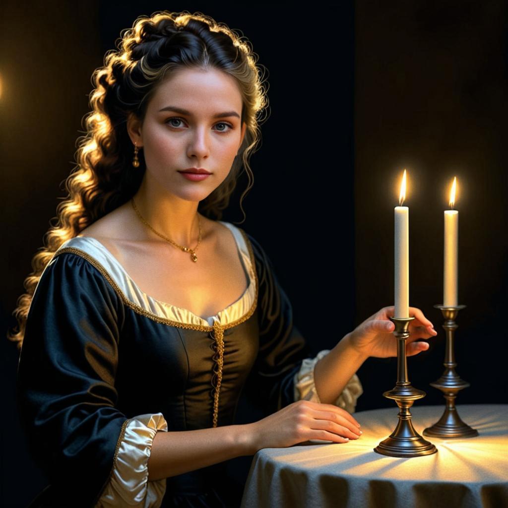 Elegant Woman in Vintage Black Dress with Candlelight