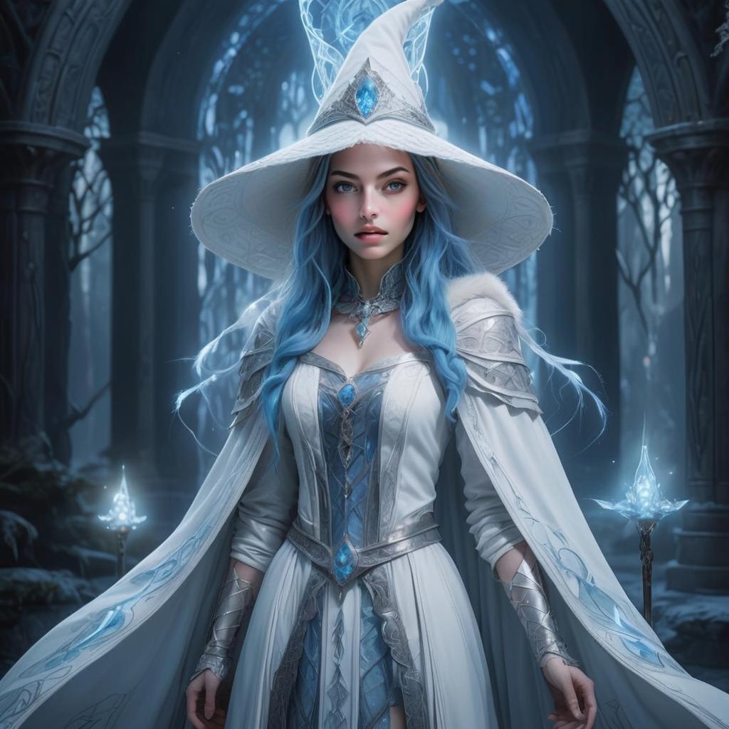 Fantasy Portrait of a Woman in White Sorceress Costume with Blue Hair