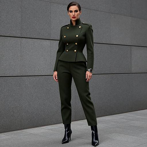 Woman in Elegant Dark Green Military-Style Suit with Gold Buttons