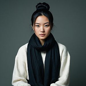 Young Woman in Black Scarf and White Sweater