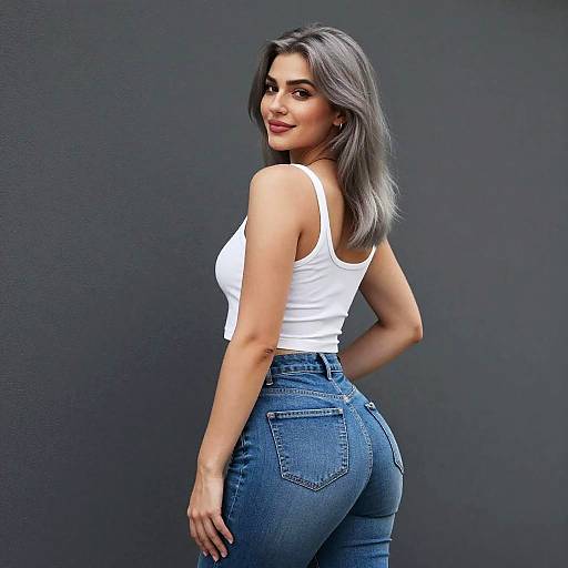 Confident Woman in White Crop Top and Blue Jeans Against Gray Background