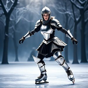 Woman in Medieval Armor and Ice Skating Attire in Winter Forest