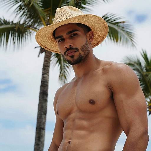 Shirtless Young Man in Straw Hat Posing Outdoors with Tropical Palm Background