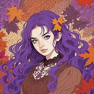 Young Woman with Purple Hair in Autumn Leaves