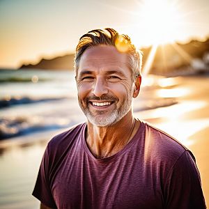 Middle-aged man on sunlit beach